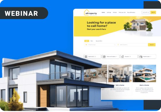 eDirectory real estate website theme showing a modern house and website interface.