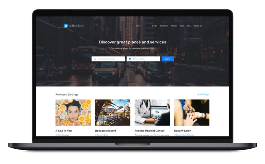 eDirectory – Comprehensive online directory platform for growing communities, easy to operate and manage listings Laptop displaying eDirectory platform homepage with featured listings and search functionality for local businesses and services.